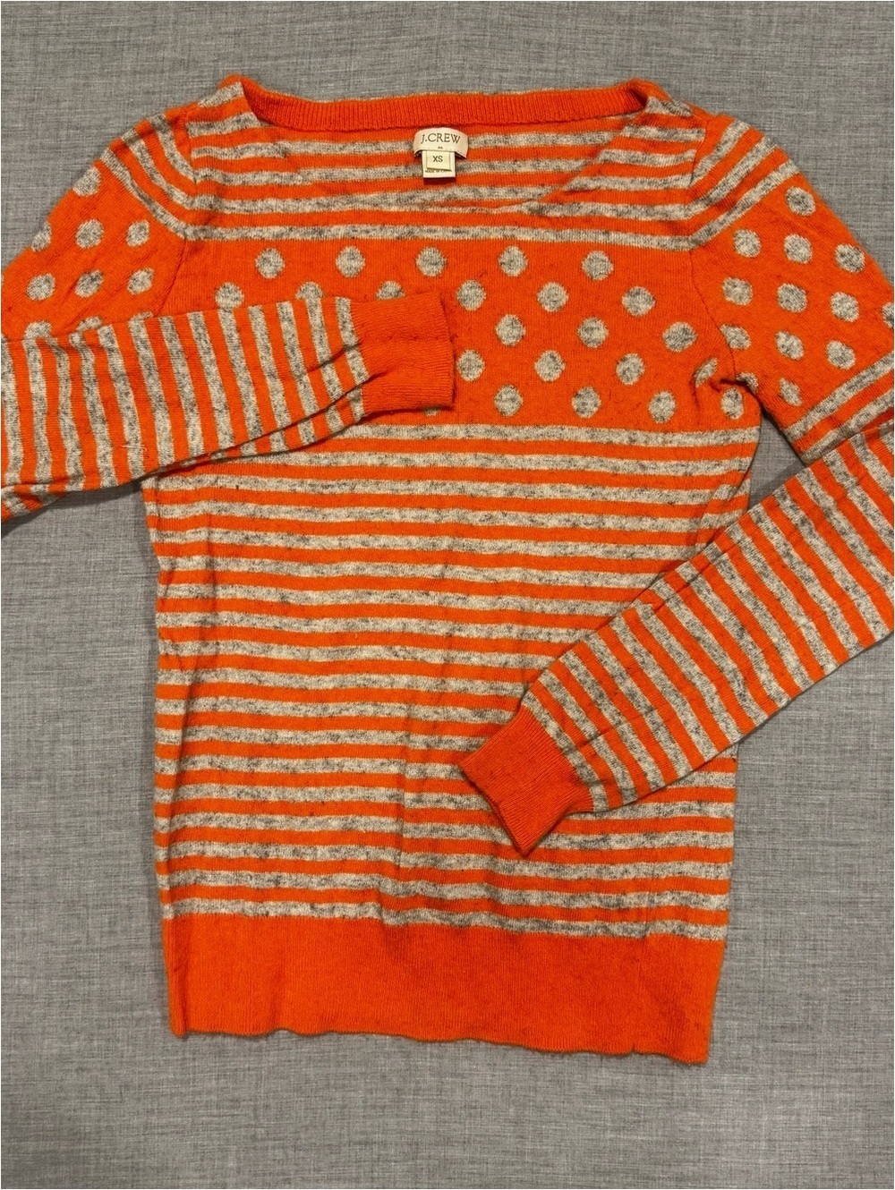J.Crew Women’s XS Orange Gray Striped Polka Dot Boatneck Sweater Knit Top
